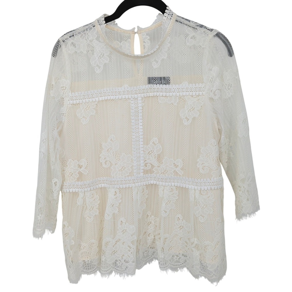 Lace Boho Blouse Womens Medium Cream Floral Sheer Top Coquette Cottagecore Bride